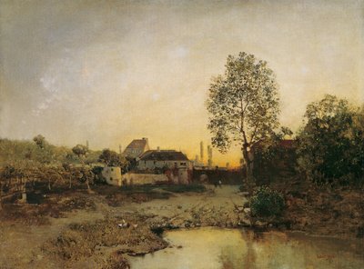 Landschap met vijver en boerderijen door Robert Russ