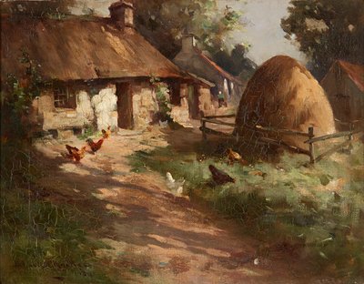 Kippen bij een hooiberg door Robert Russell MacNee