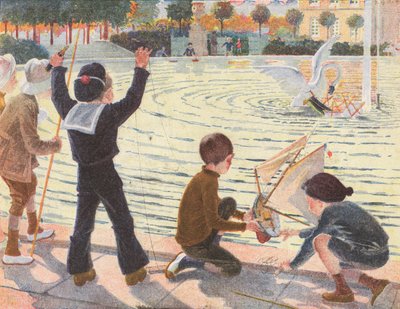 Een zwaan die een speelgoedjacht van een jongen laat zinken (kleurenlitho) door Robert Salles