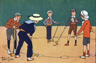 Bal per uur (behendigheidsspel met ballen en hamers). Gravure in "Waar spelen we mee?" door E. Weber met aquareltekeningen van Robert Salles (1871-1929). Librairie Garnier Frères, Parijs door Robert Salles