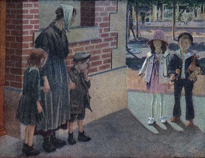 Liefdadigheid: een moeder en haar twee kinderen vragen om aalmoes van een jongen en een meisje op straat die hen hun spaargeld en speelgoed zullen geven. Illustratie door Robert Salles (1871-1929) in “Ik kan lezen” door Robert Salles
