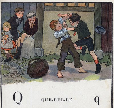 Kinderboek “Ik zal lezen - Methodisch en leuk alfabet door een vader” 1926. Illustratie door Robert Salles (1871-1929). Abecedarium: letter Q als Ruzie. Twee jongens vechten op het schoolplein door Robert Salles