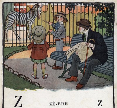 Kinderboek “Ik zal lezen - Methodisch en leuk alfabet door een vader” 1926. Illustratie door Robert Salles (1871-1929). Abecedarium: letter Z als Zebra. Kinderen, met een hoepel, kijken naar een zebra in een dierentuin door Robert Salles