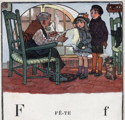 Kinderboek “Ik zal lezen - Methodisch en leuk alfabet door een vader” 1926. Illustratie door Robert Salles (1871-1929). Abecedarium: letter F als Feest. Een meisje en een jongen geven cadeaus voor het feest van hun grootvader door Robert Salles