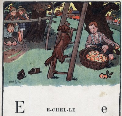 Kinderboek “Ik zal lezen - Methodisch en leuk alfabet door een vader” 1926. Illustratie door Robert Salles (1871-1929). Abecedarium: letter E als Ladder. Een hond klimt op de ladder tegen een appelboom door Robert Salles