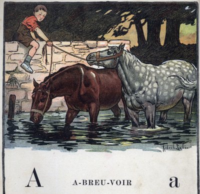 Kinderboek “Ik zal lezen - Methodisch en leuk alfabet door een vader” 1926. Illustratie door Robert Salles (1871-1929). Abecedarium: letter A als Drinkwater. Twee paarden drinken water door Robert Salles
