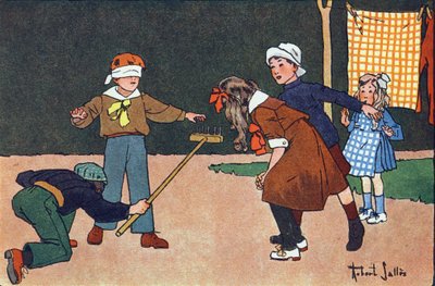 Colin maillard (colin-maillard). Gravure in "Wat spelen we?" door E. Weber met aquareltekeningen van Robert Salles (1871-1929). Librairie Garnier Freres, Parijs door Robert Salles