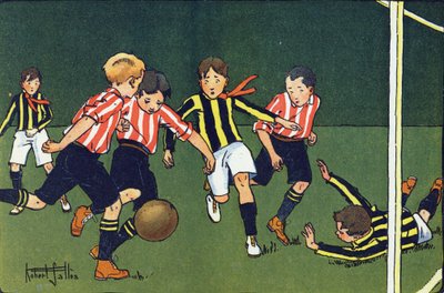 Voetbal. Gravure in "Waar spelen we?" door E. Weber met aquareltekeningen door Robert Salles (1871-1929). Librairie Garnier Frères, Parijs door Robert Salles