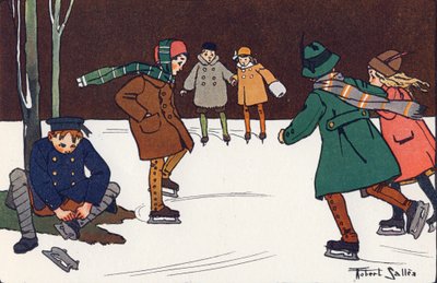 Schaatsen. Gravure in "Waar spelen we?" door E. Weber met aquareltekeningen door Robert Salles (1871-1929). Librairie Garnier Frères, Parijs door Robert Salles