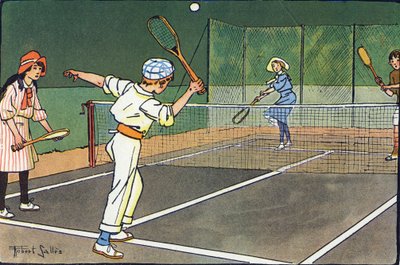 Lawn tennis. Gravure in "Waar spelen we mee?" door E. Weber met aquareltekeningen van Robert Salles (1871-1929). Librairie Garnier Freres, Parijs door Robert Salles