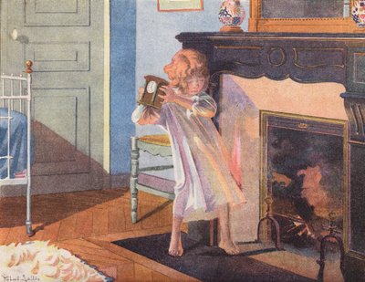 Klein meisje met klok bij open haard (kleurenlitho) door Robert Salles