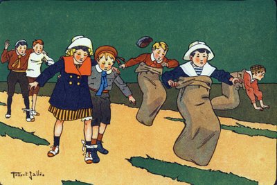 De zakkenrace. Gravure in "Waar spelen we mee?" door E. Weber met aquareltekeningen van Robert Salles (1871-1929). Librairie Garnier Freres, Parijs door Robert Salles