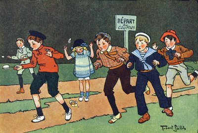 De eierwedstrijd. Gravure in "Waar spelen we mee?" door E. Weber met aquareltekeningen van Robert Salles (1871-1929). Librairie Garnier Freres, Parijs door Robert Salles