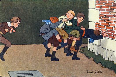 Het gesmolten paard (bij het springen moet je een califurchon op de rug van een ander kind springen zonder de anderen omver te stoten). Gravure in "Waar spelen we mee?" door E. Weber met aquareltekeningen van Robert Salles (1871-1929). Librairie Garnier Fr door Robert Salles