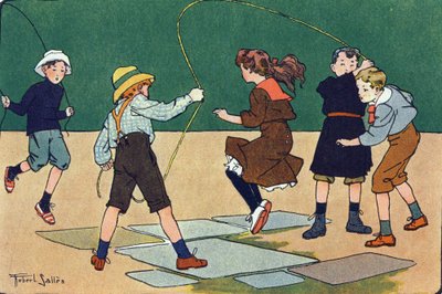 Het touwtjespringen. Gravure in "Wat spelen we?" door E. Weber met aquareltekeningen van Robert Salles (1871-1929). Librairie Garnier Freres, Parijs door Robert Salles