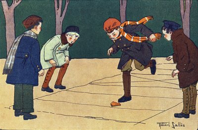 De hinkelbaan. Gravure in "Waar spelen we?" door E. Weber met aquareltekeningen door Robert Salles (1871-1929). Librairie Garnier Frères, Parijs door Robert Salles