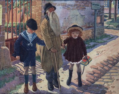 De stok van de blinde: twee kinderen helpen een blinde oude man lopen. Illustratie door Robert Salles (1871-1929) in 