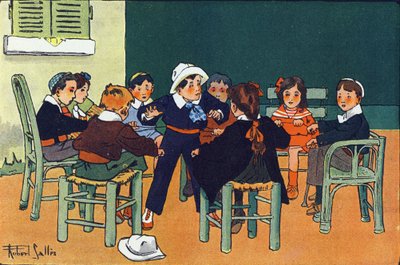 Naar de fret. Gravure in "Waar spelen we?" door E. Weber met aquareltekeningen door Robert Salles (1871-1929). Librairie Garnier Frères, Parijs door Robert Salles