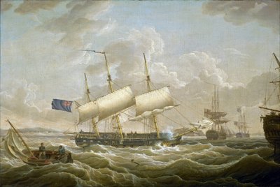Een fregat voor anker in de Mersey (rivier in het noordwesten van Engeland). Fort Perch Rock is zichtbaar aan de horizon door Robert Salmon