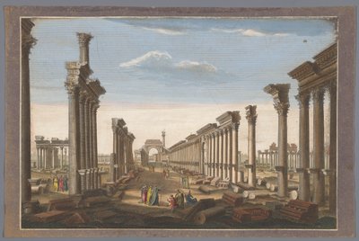 Gezicht op de ruïne van de boog van de zuilengalerij te Palmyra, gezien vanaf de westzijde door Robert Sayer (possibly)