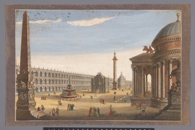 Gezicht op een obelisk, een triomfboog, een zuil en andere bouwwerken te Rome door Robert Sayer (possibly)