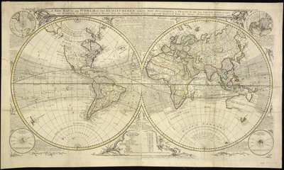 Een nieuwe wereldkaart in twee hemisferen met de nieuwe ontdekkingen en trajecten van de twee omzeilers, namelijk Dampier en Anson door Robert Sayer