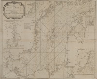 Een nieuwe en nauwkeurige kaart van de Oostzee met de eilanden, rotsen en ondiepten met hun markeringen, vuurtorens, dieptes en vaargeulen door Robert Sayer