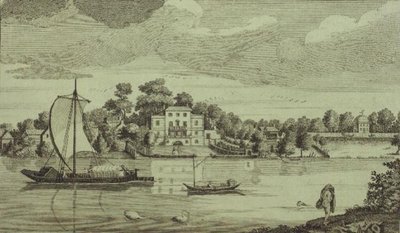Uitzicht op het beroemde huis van Mr. Pope in Twickenham, c.1750 (gravure) door Robert Sayer