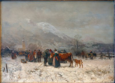Veemarkt in de winter bij Mittenwald door Robert Schleich