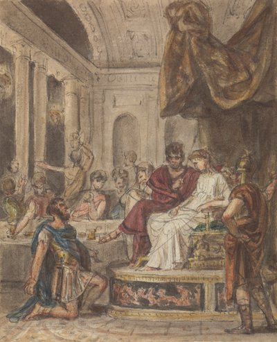 Banketscène, met een Romeinse soldaat die knielt voor een vrouwelijke figuur op een troon door Robert Smirke