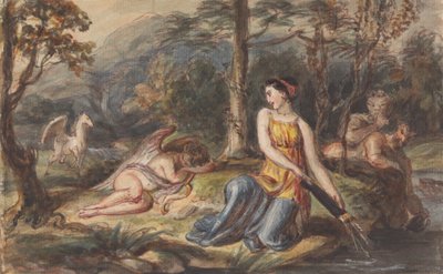 Diana, godin van de jacht, met saters, slapende Cupido en een Pegasus in een bosrijk landschap door Robert Smirke