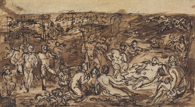 Figurenstudies van een groep mensen in een bosrijke open plek door Robert Smirke