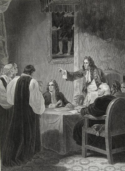 De bisschoppen voor de Privy Council, gegraveerd door George Noble, illustratie uit David Hume