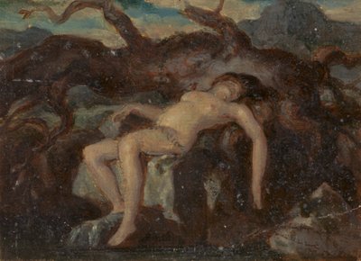 Vrouw slapend naakt in een bebost landschap door Robert Smirke