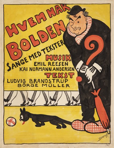 Voorbeeld voor titelblad voor Wie heeft de Bal. Gechargeerd portret van Carl Alstrup door Robert Storm Petersen