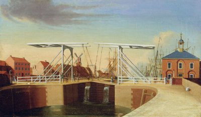 Een oostelijk uitzicht op de brug en de nieuwe dok in Kingston upon Hull door Robert Thew
