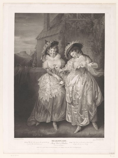 Mevrouw Ford en mevrouw Page met de liefdesbrief van John Falstaff door Robert Thew