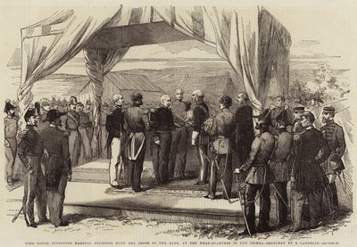 Lord Gough die maarschalk Pelissier de Orde van het Bad verleent, bij het hoofdkwartier in de Krim door Robert Thomas Landells