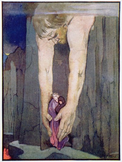 Antaeus zet Virgil en Dante neer in de laatste cirkel van de hel, ca. 1910 (kleur litho) door Robert Traill Rose