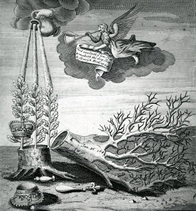 Emblematische prent verwijzend naar de executie van Karel I en de Stuart-opvolging, 1715 door Robert Vaughan