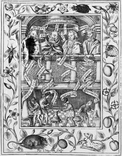 Grote alchemisten inspireren werk in het laboratorium uit Theatrum Chemicum Britannicum, 1652 door Robert Vaughan