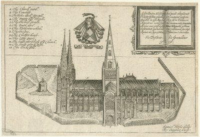 Lichfield Kathedraal - Zuidzicht: kopergravure, nd [17e eeuw] door Robert Vaughan