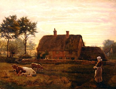 Vee grazend bij een rieten huisje bij zonsondergang door Robert Walker Macbeth