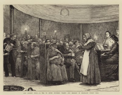 Onze Londense Armen, een Thee voor Zevenhonderd Zwerver en Bedelaars in Moorgate Street Hall door Robert Walker Macbeth