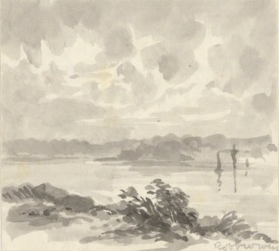 Landschap - Uitzicht op een meer en heuvels door Robert Walter Weir