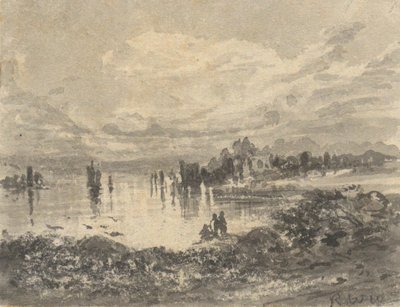 Uitzicht op meer en bergen met figuren door Robert Walter Weir