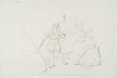 Ilmarinen takoo sampoa ; Originaalipiirustus piirrossarjaan "Kalewala, Fins nationaal gedicht, voorgesteld in tekeningen R.W.Ekman". door Robert Wilhelm Ekman