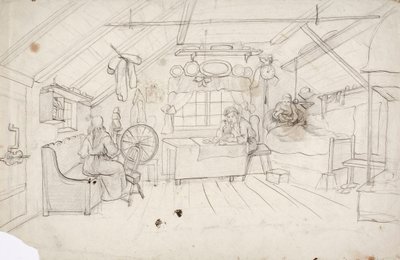 Een interieur met drie mensen: één in bed die koffie drinkt, één aan tafel die pap eet en één bij de rogge. door Robert Wilhelm Ekman