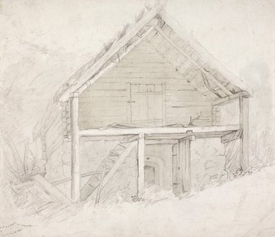 Het einde van een slaapzaal met rieten dak en stenen vloer door Robert Wilhelm Ekman