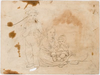Kinderen uit Småland, een meisje met een kind op schoot en een jongen die naast haar staat door Robert Wilhelm Ekman